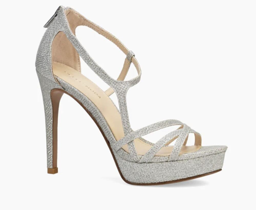 Pelle Moda Oneda Platform Sandal Heels Silver Metallic Glitter Stiletto Size 9.5